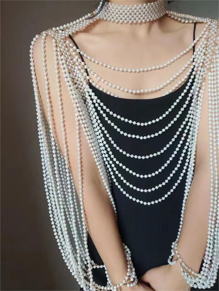 Personality Fashion Pearl Jewelry Leather Exaggerated Multilayer Pearl Body Chain