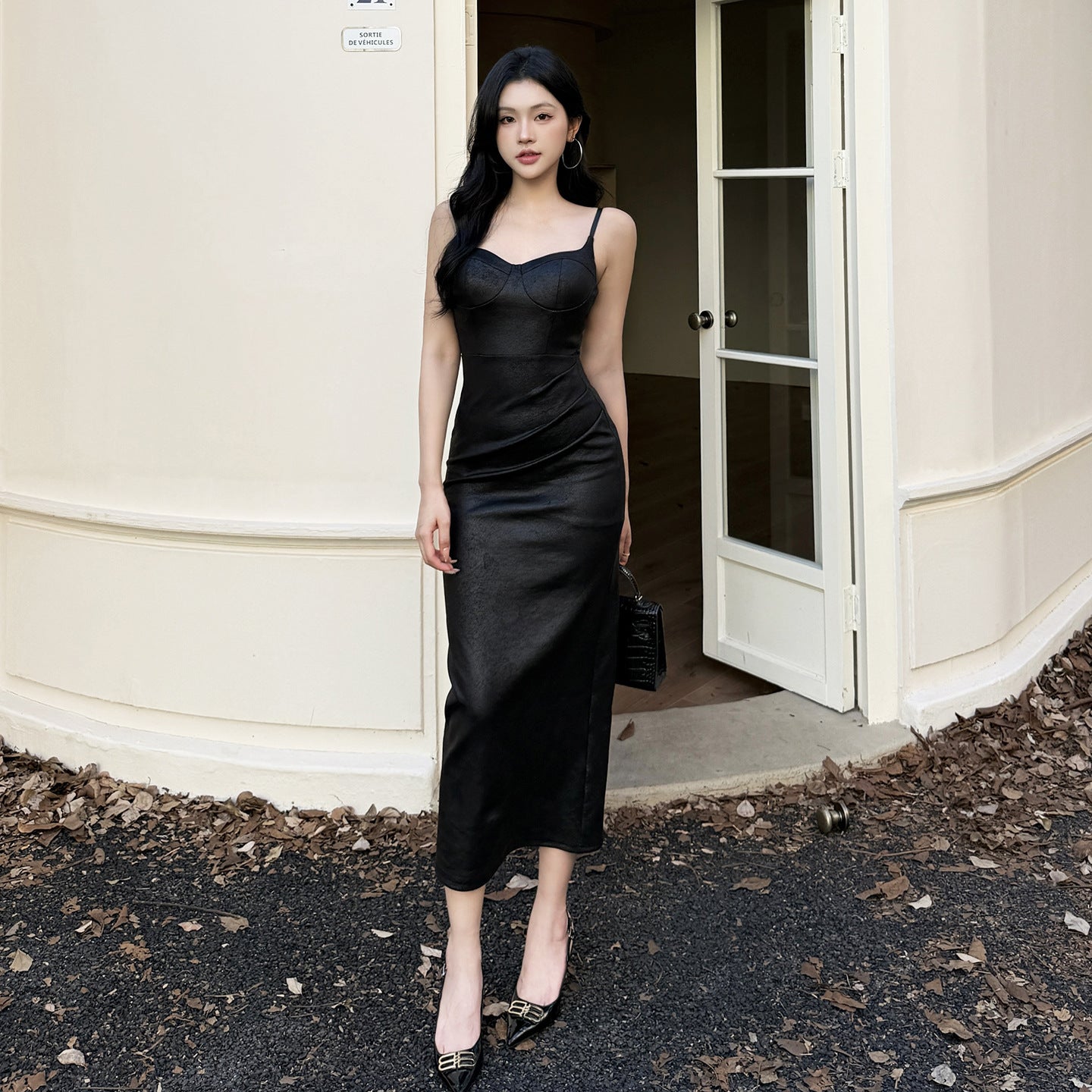 Leather camisole sexy V-neck slim fit hip hugging dress