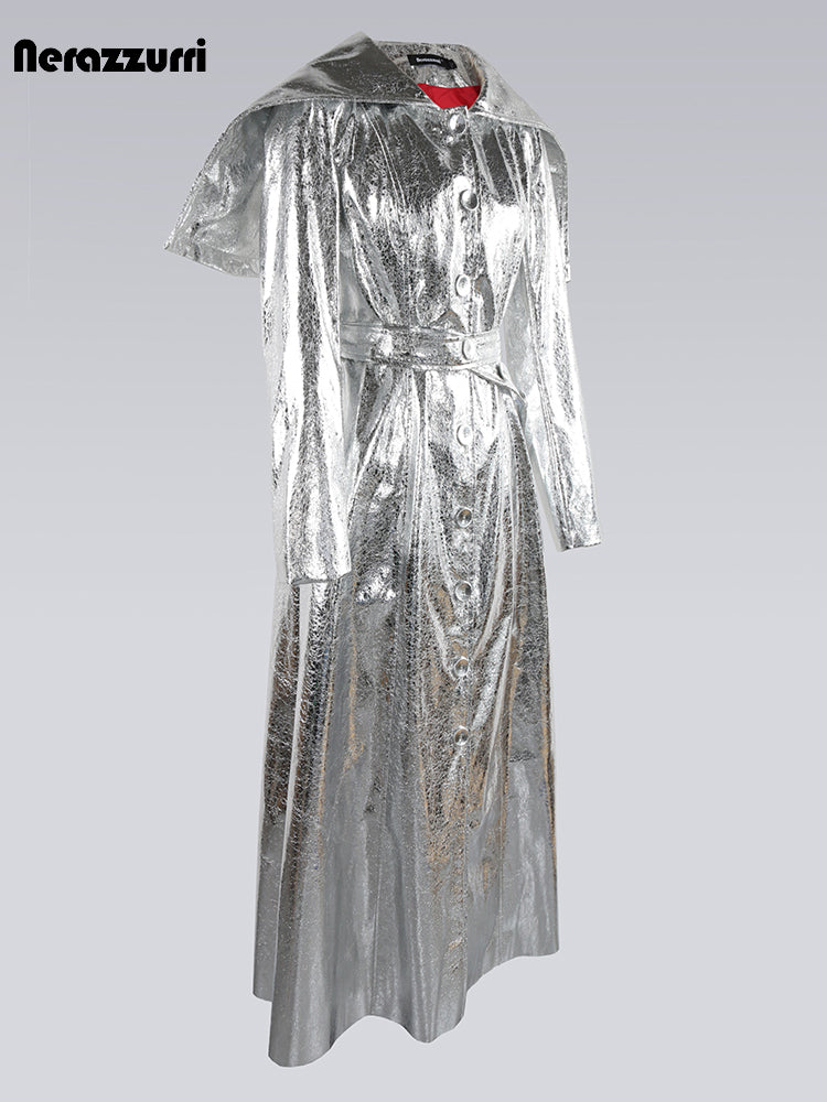 Nerazzurri Autumn Maxi Luxury Elegant Chic Silver Gold Shiny Patent Faux Leather Coat Women with Hood Extra Long Overcoat