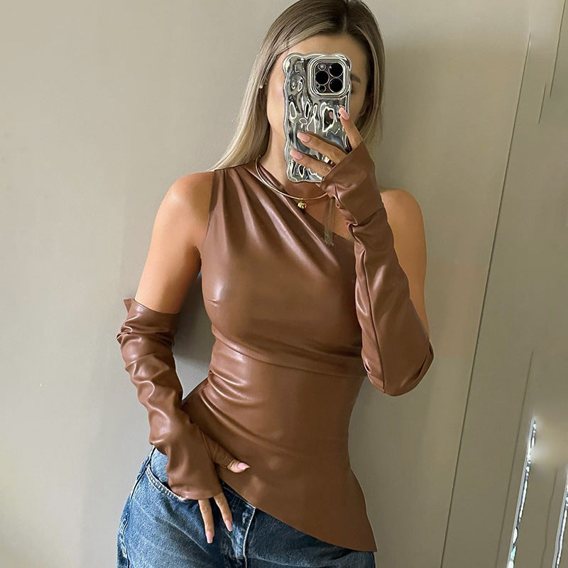 PU leather vest sleeveless sloping collar with sleeve top