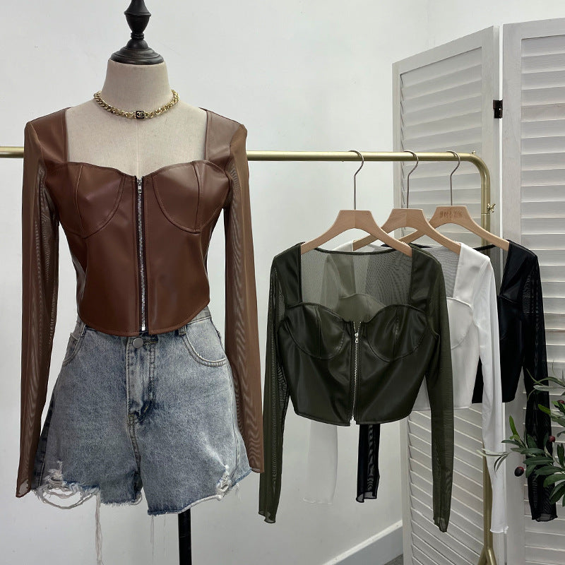 Mesh splicing PU leather long sleeved T-shirt for women