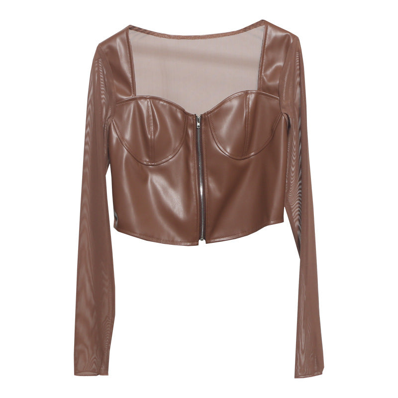 Mesh splicing PU leather long sleeved T-shirt for women