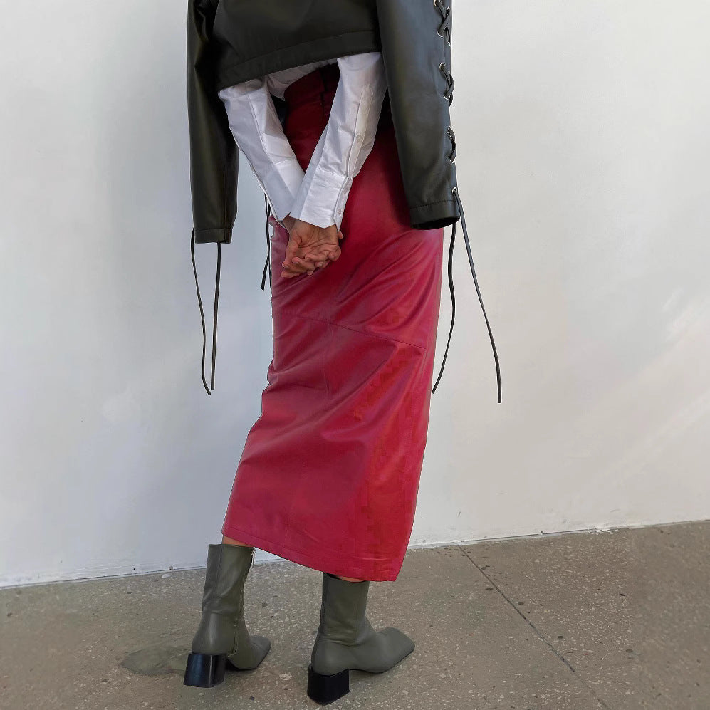 High waisted slim fit split skirt irregular leather skirt