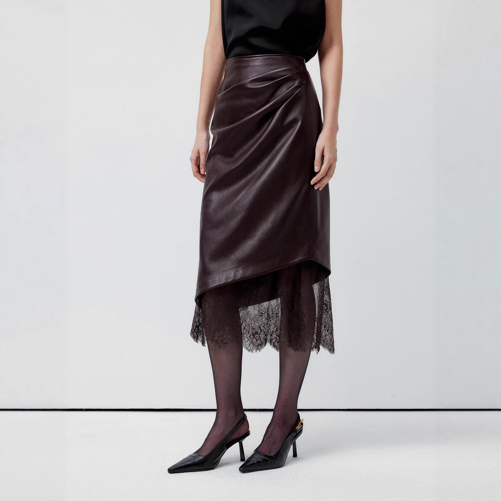 Lace patchwork leather skirt
