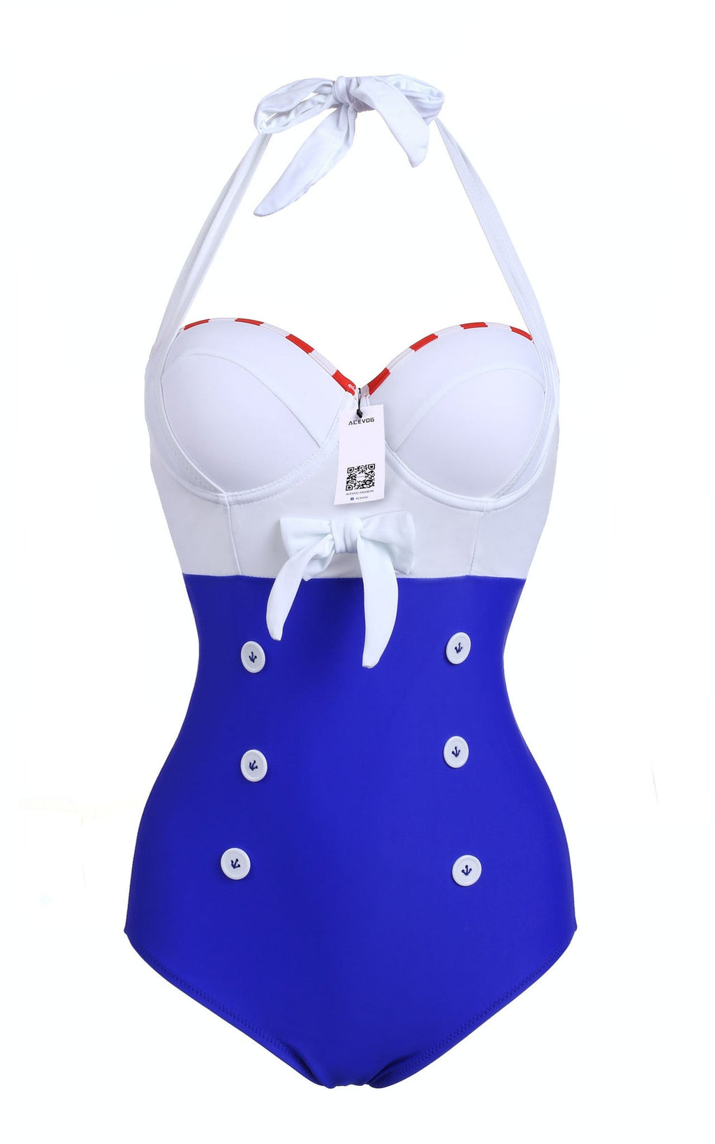 Blue V-type Button Halter One-Piece Swimsuit Bikini Beachwear - Sins & Temptations - 1