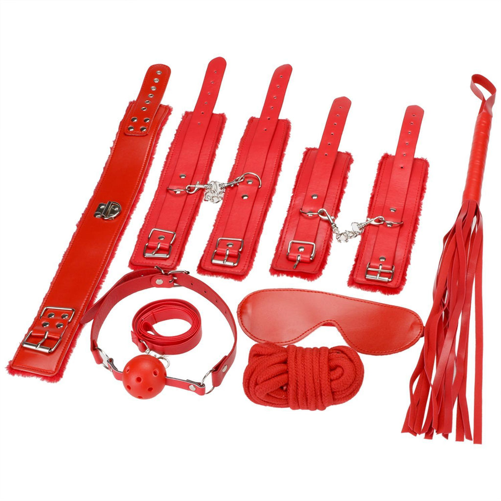 Red Hot 7pcs Fetish Sexy Bondage Love Cuffs System Set