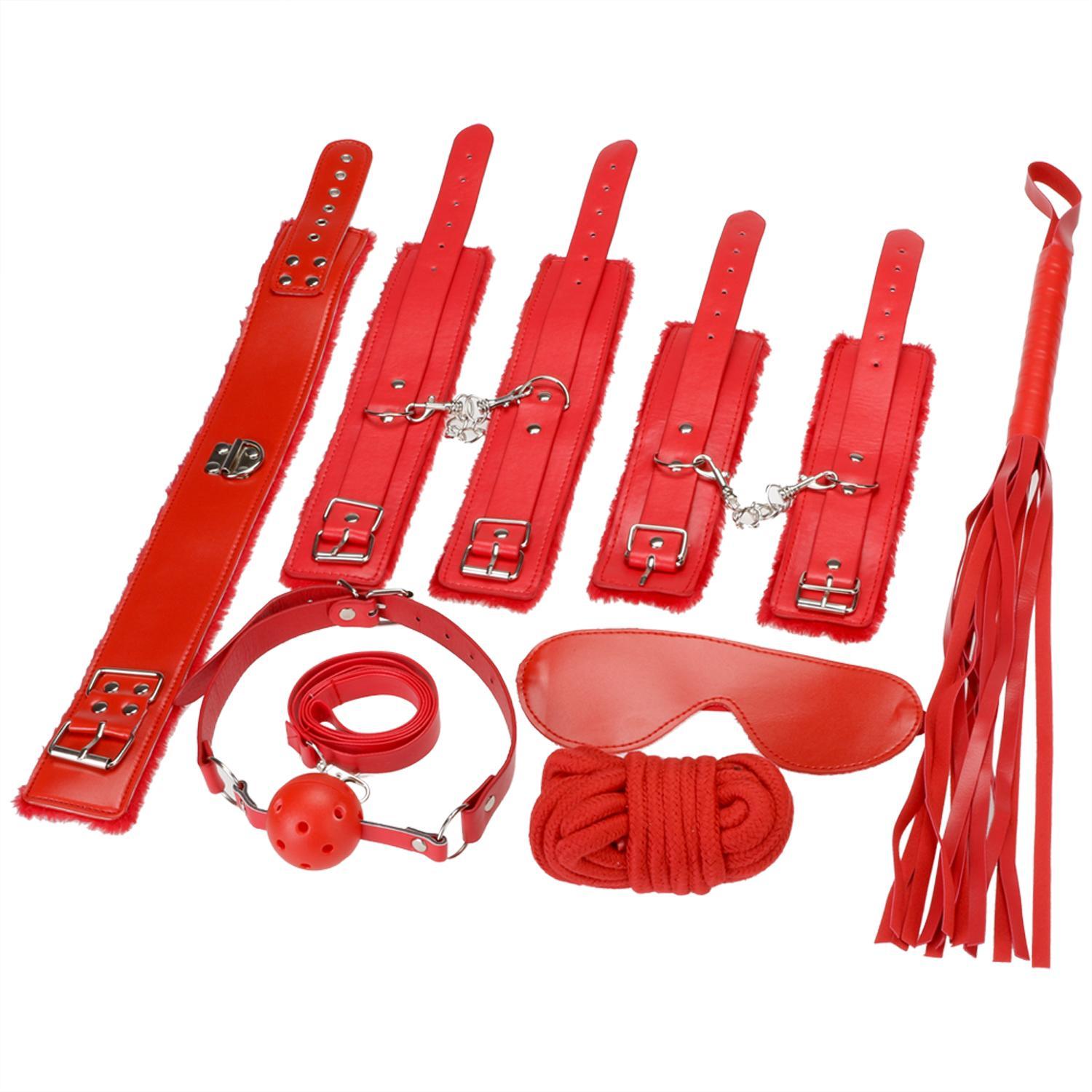 Red Hot 7pcs Fetish Sexy Bondage Love Cuffs System Set