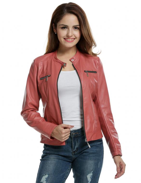 Women Pink Faux Leather Zip-Up Solid Slim Fit Motorcycle Jacket