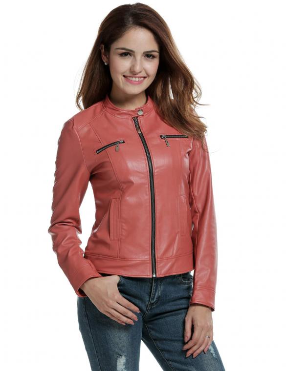 Women Pink Faux Leather Zip-Up Solid Slim Fit Motorcycle Jacket