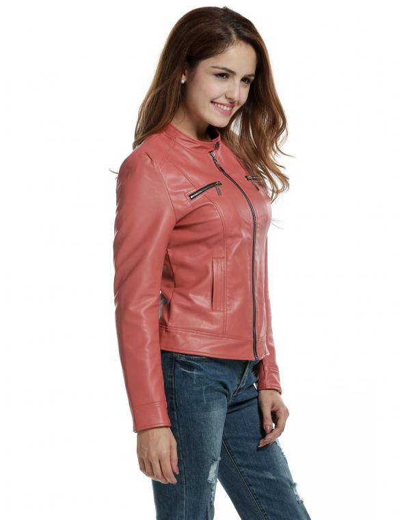 Women Pink Faux Leather Zip-Up Solid Slim Fit Motorcycle Jacket