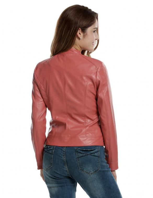 Women Pink Faux Leather Zip-Up Solid Slim Fit Motorcycle Jacket