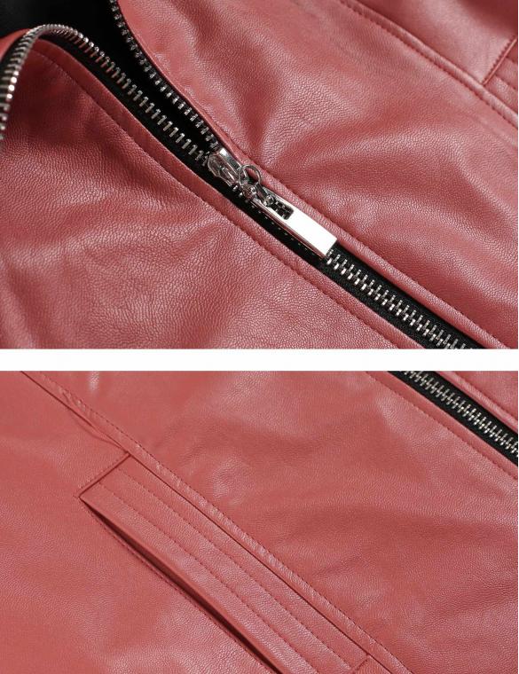 Women Pink Faux Leather Zip-Up Solid Slim Fit Motorcycle Jacket