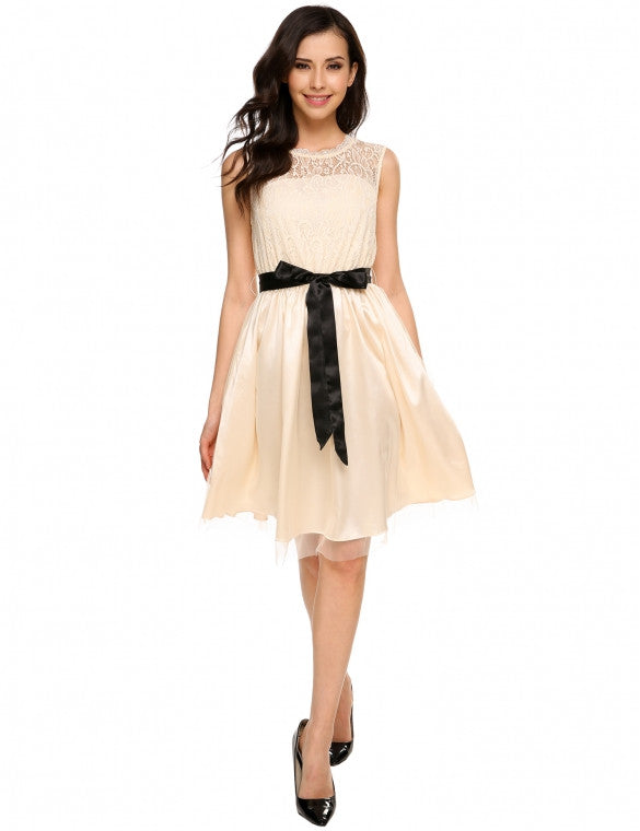 Sleeveless Lace Patchwork Slim Belted Clubwear Party Dress - Sins & Temptations