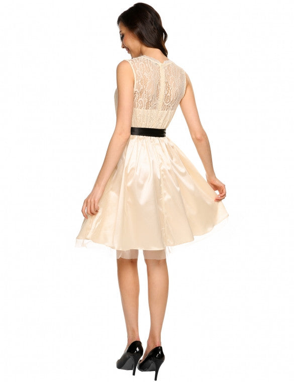 Sleeveless Lace Patchwork Slim Belted Clubwear Party Dress - Sins & Temptations