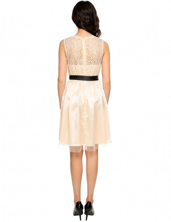 Sleeveless Lace Patchwork Slim Belted Clubwear Party Dress - Sins & Temptations