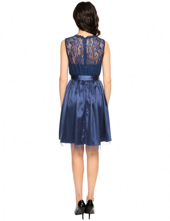 Sleeveless Lace Patchwork Slim Belted Clubwear Party Dress - Sins & Temptations