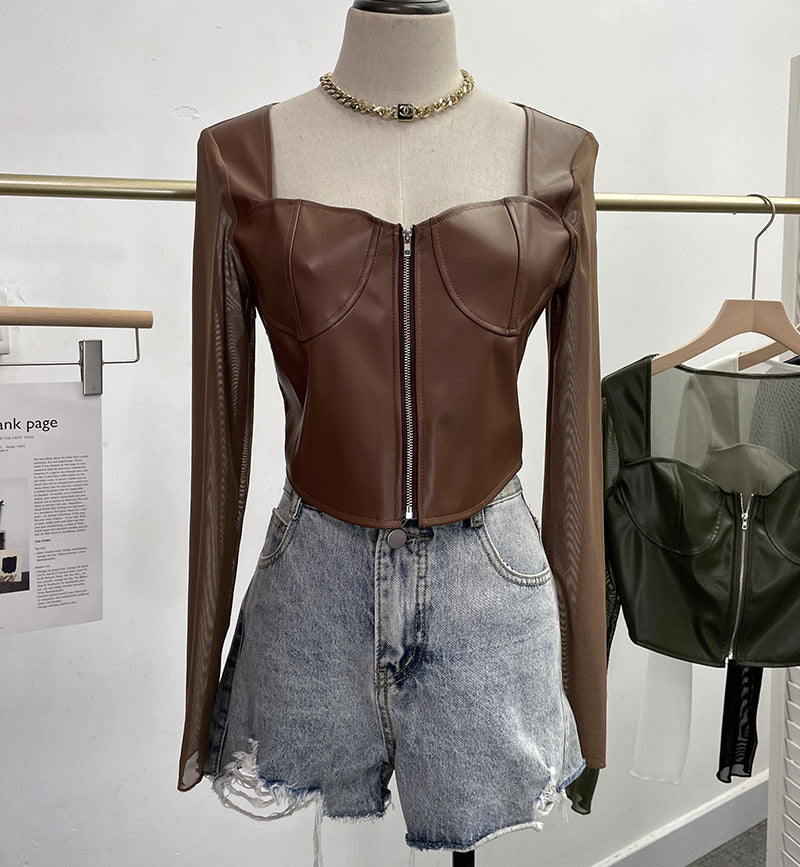 Mesh splicing PU leather long sleeved T-shirt for women