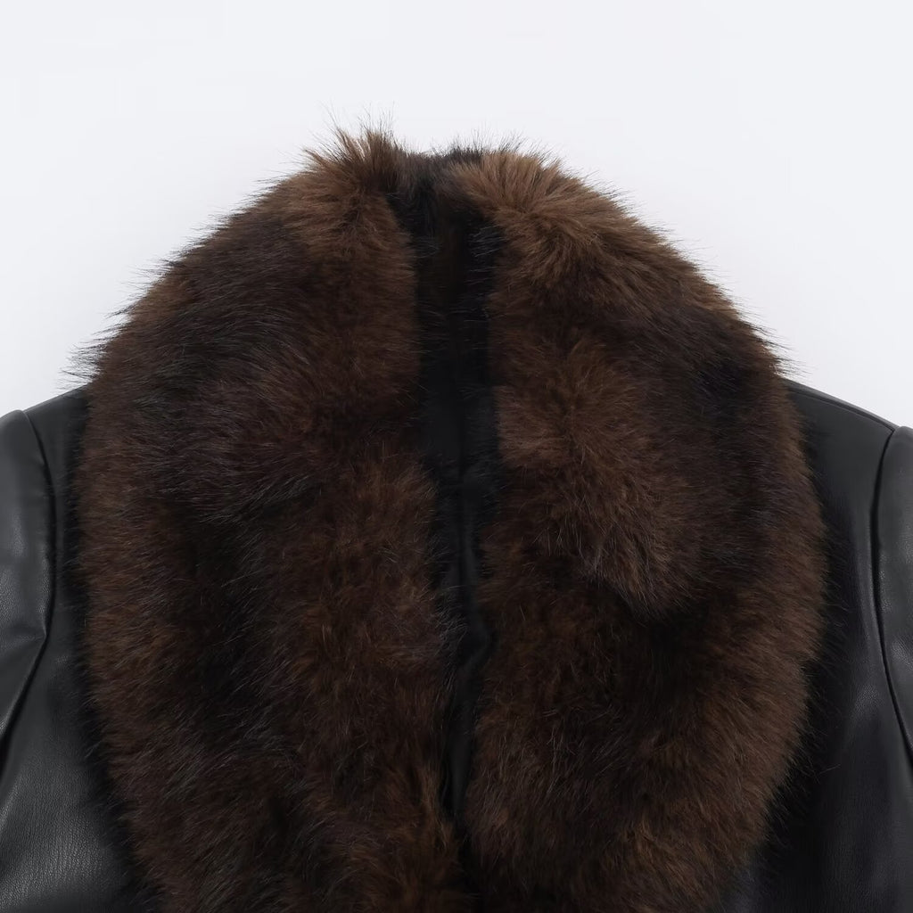 Casual Women's Coat with Detachable Collar and Faux Leather Effect