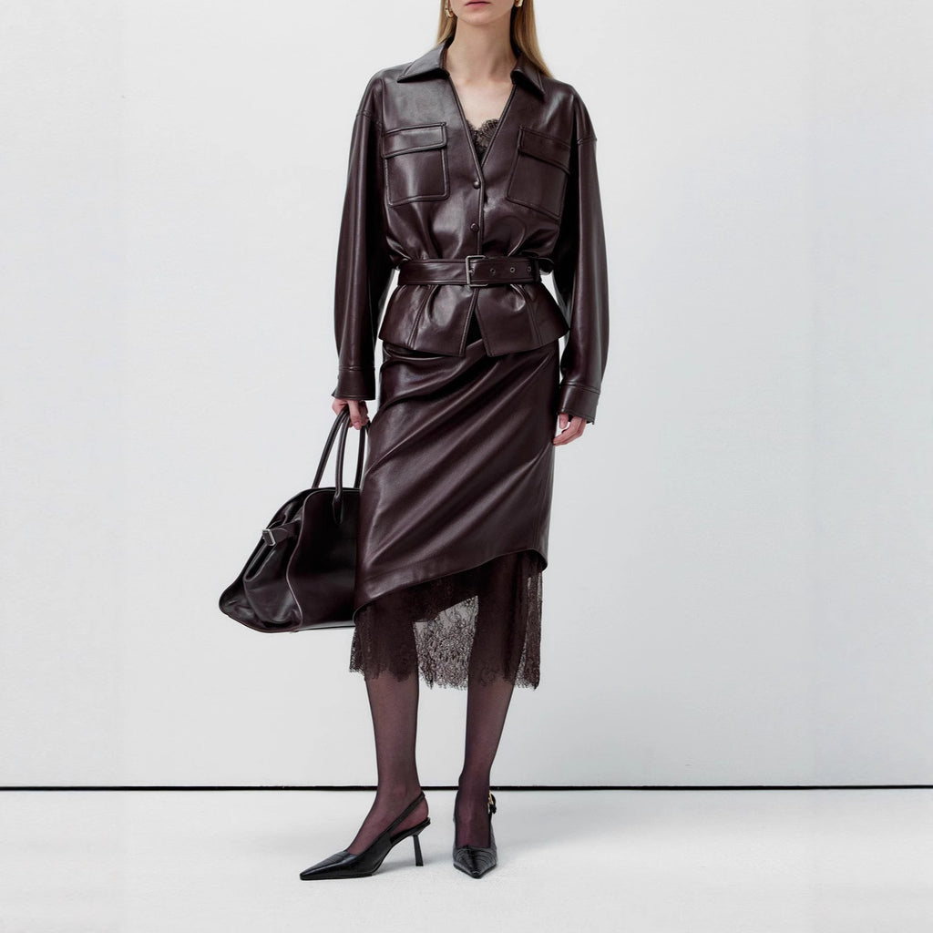 Lace patchwork leather skirt