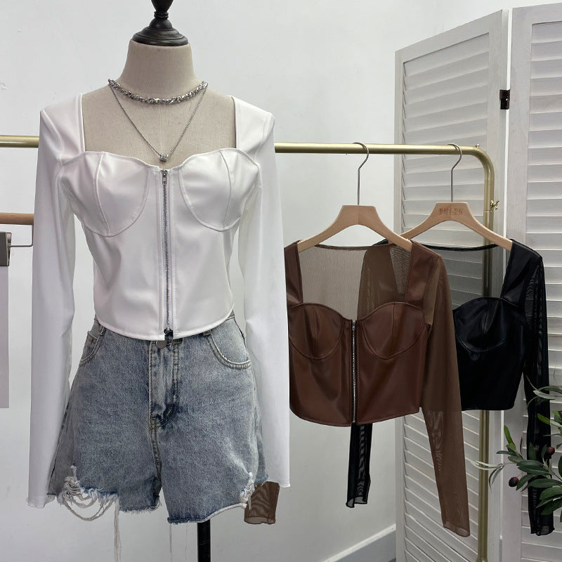 Mesh splicing PU leather long sleeved T-shirt for women