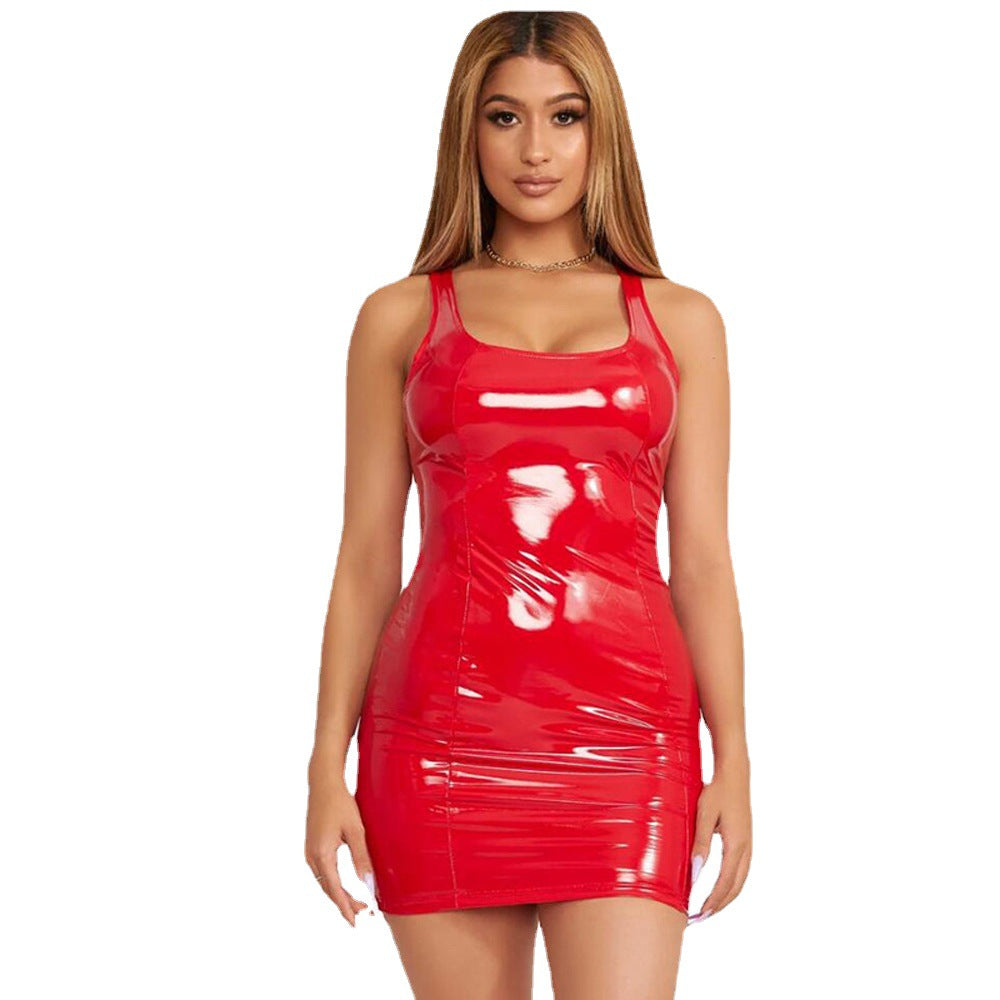 Sexy Sleeveless Faux Leather Zipper PU Bodycon Dress for Women Summer Fashion Style