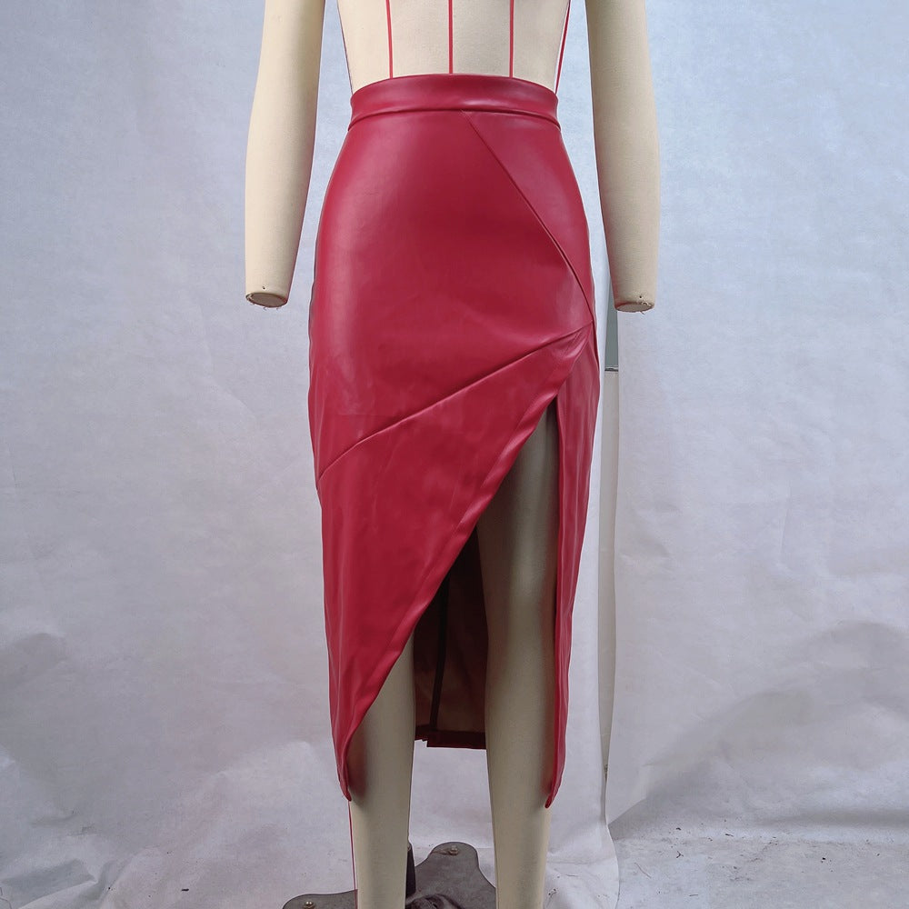 High waisted slim fit split skirt irregular leather skirt