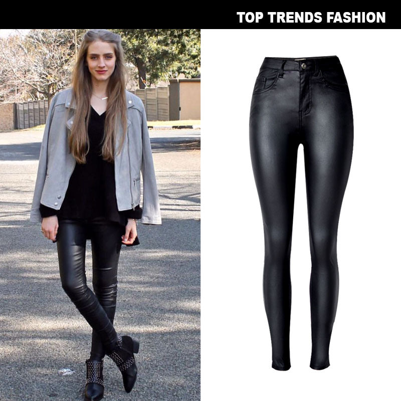 Women's High Waist Slim Fit Stretch Coated Faux Leather Pants Denim Skinny Pants PU Pockets Motorcycle Models Easy to Fit Plus Size