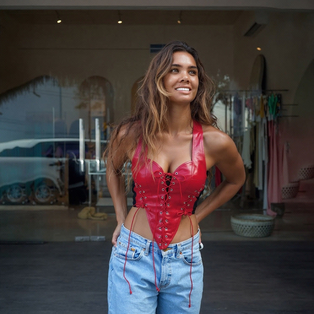 Sexy hollowed out backless contrasting strap PU leather vest