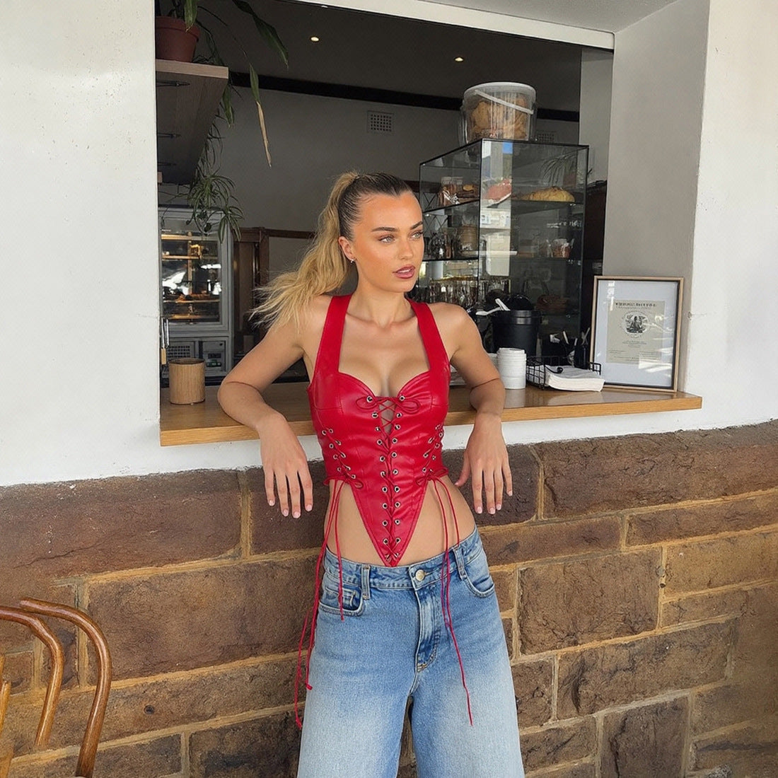 Sexy hollowed out backless contrasting strap PU leather vest