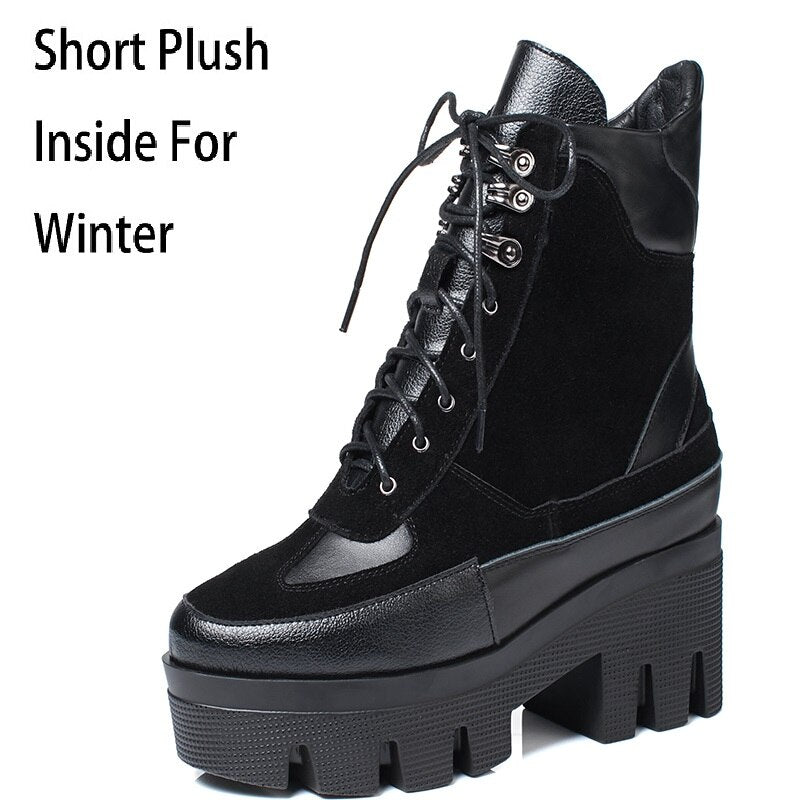 Winter Cow Leather Lace-up Women Chunky Platform Genuine Leather Ankle Boots Spring Autumn Real Leather Short Boots