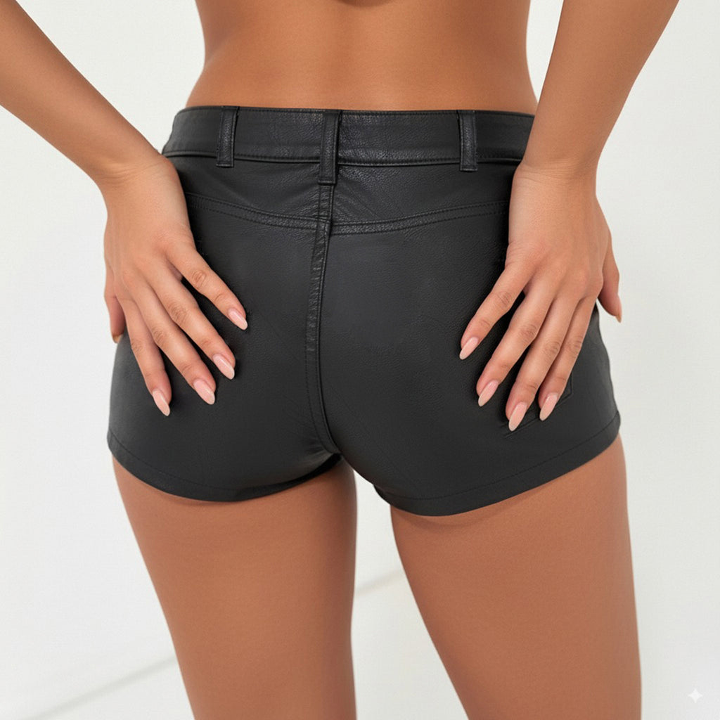 Black leather wrapped hip tight hot pants for women