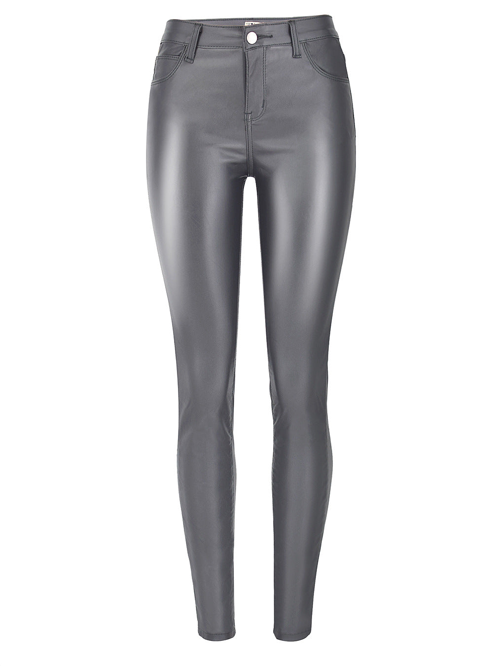 Women's High Waist Slim Fit Stretch Coated Noble Grey Faux Leather Pants Denim Skinny Pants PU Pocket Motorcycle Model