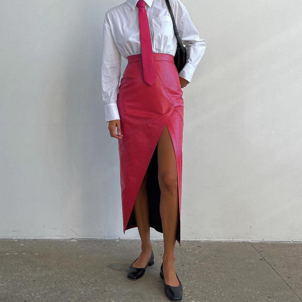 High waisted slim fit split skirt irregular leather skirt