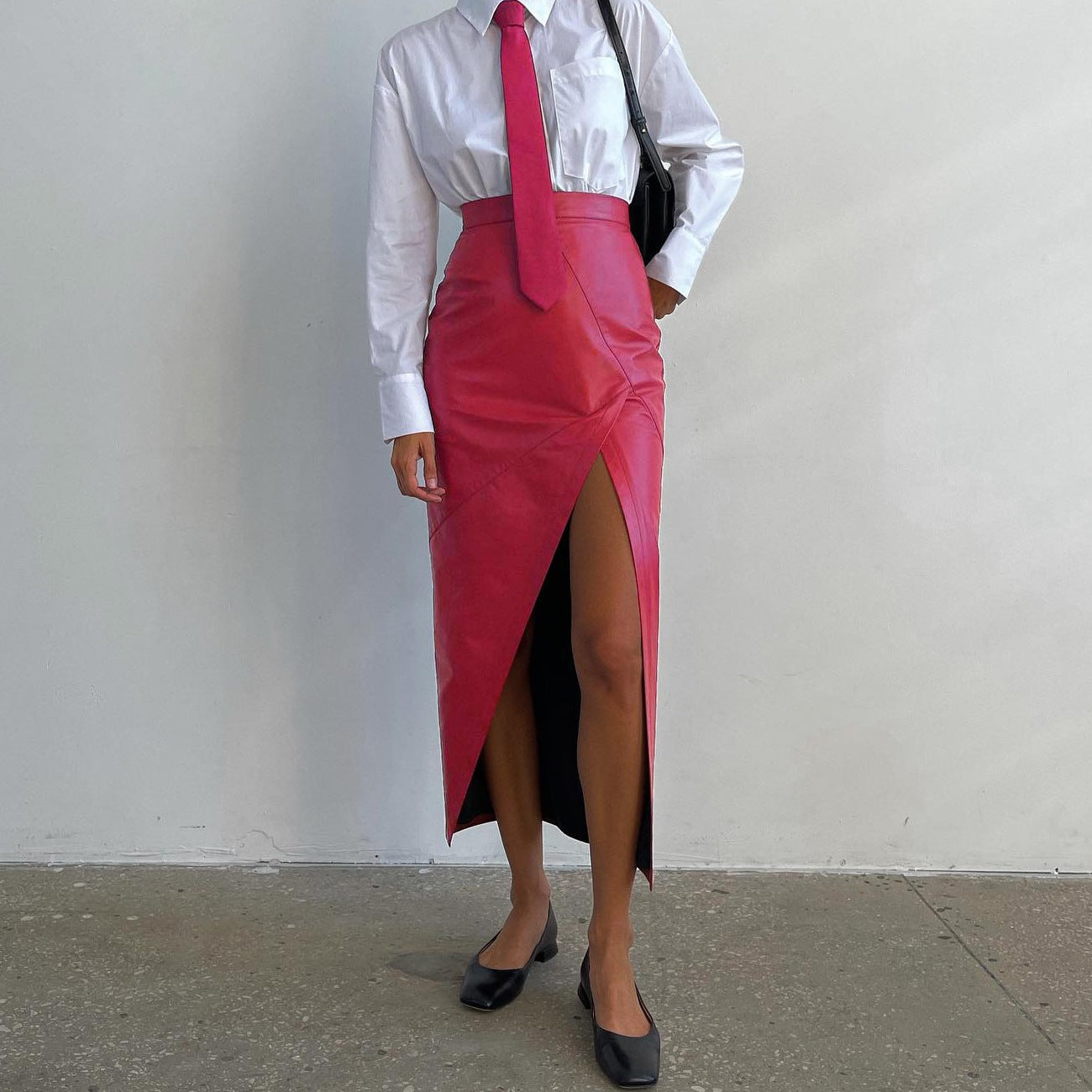 High waisted slim fit split skirt irregular leather skirt