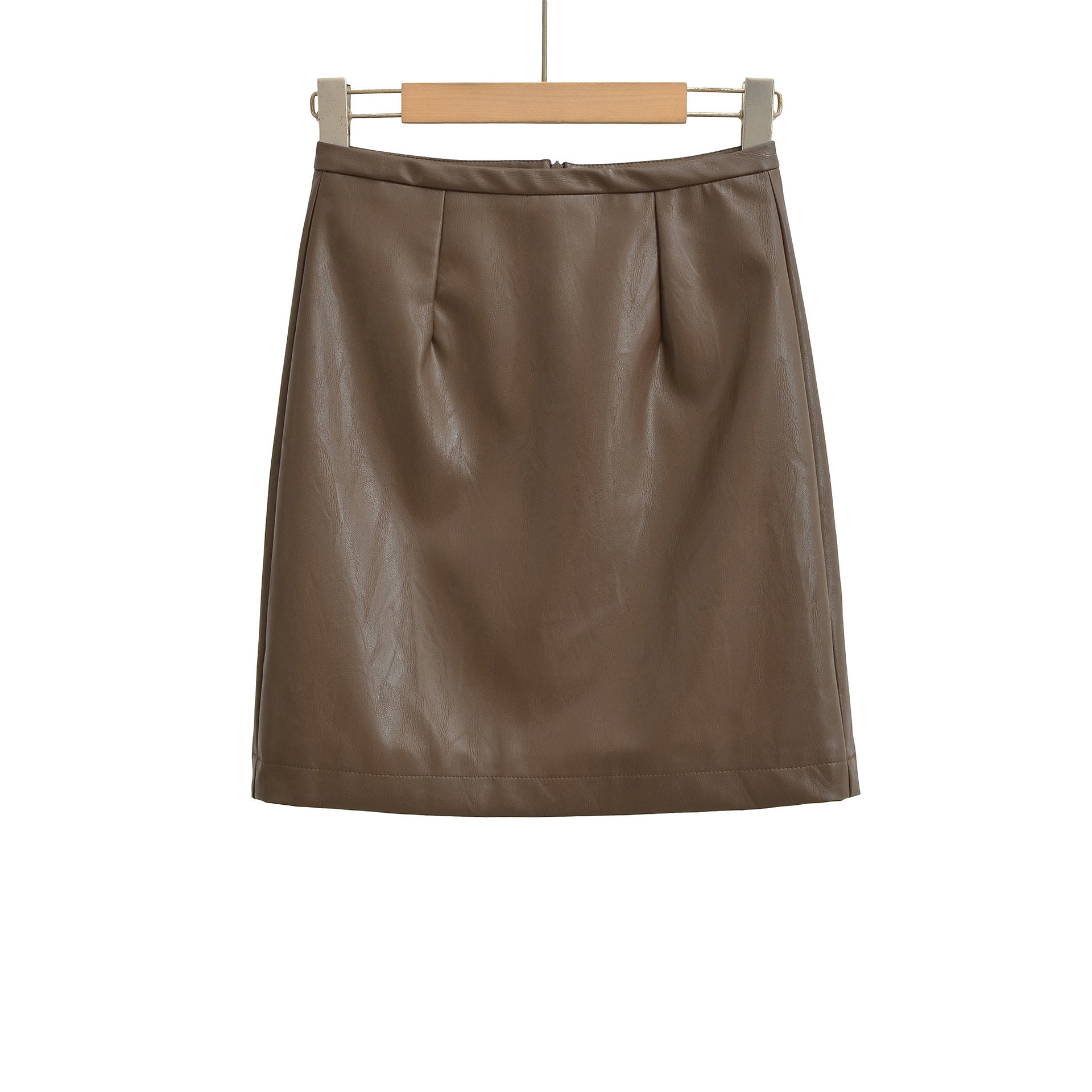 PU leather skirt with high waist for slimming and hip hugging half skirt