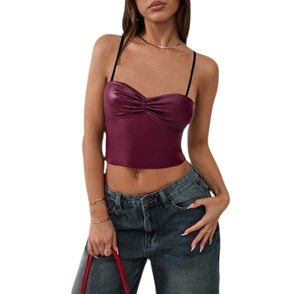 Slim fit exposed navel PU leather camisole vest for women