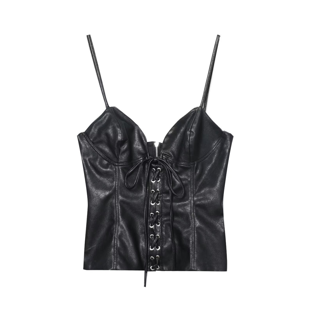 Spicy girl's faux leather bow suspender top