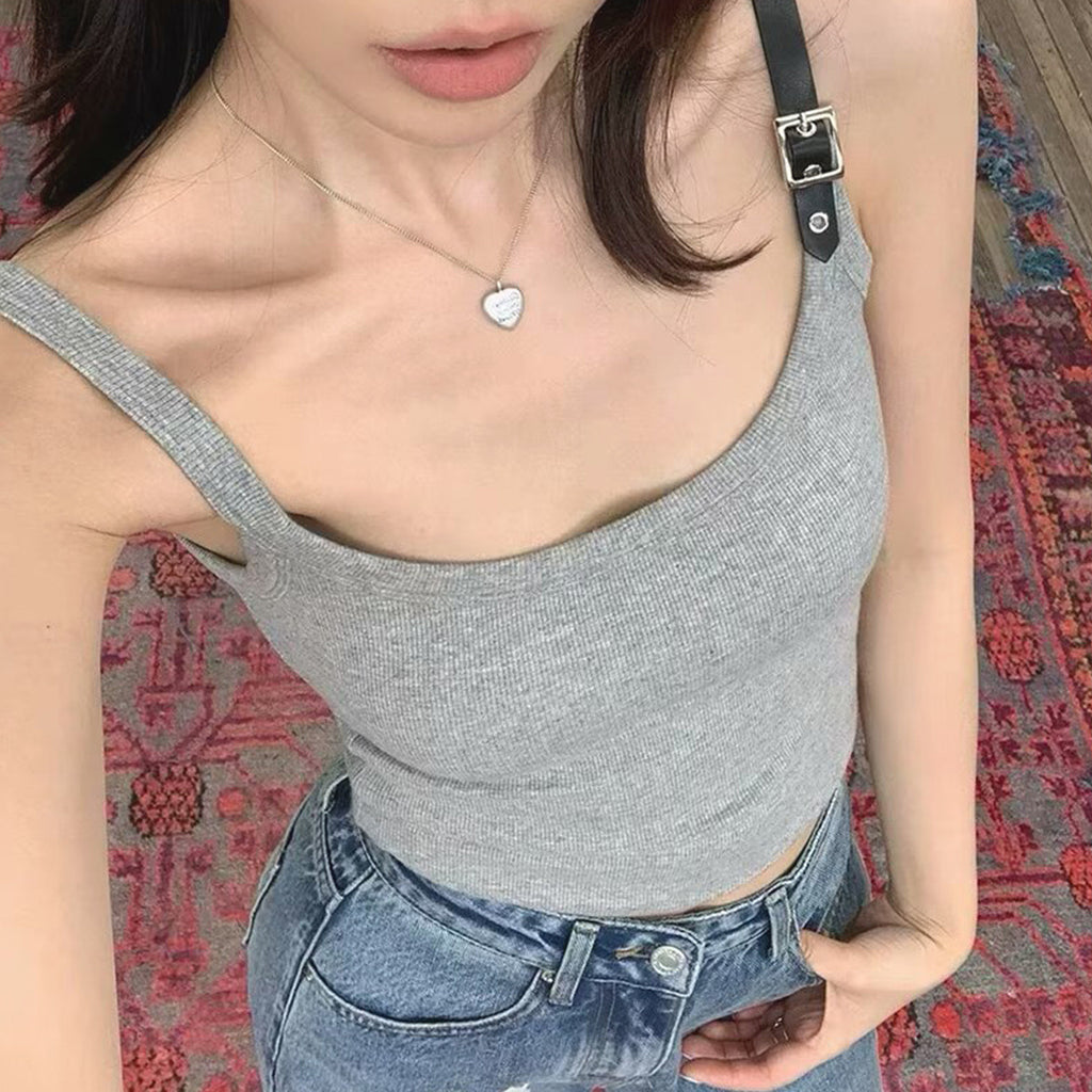 Spliced leather shoulder strap slim fit camisole top