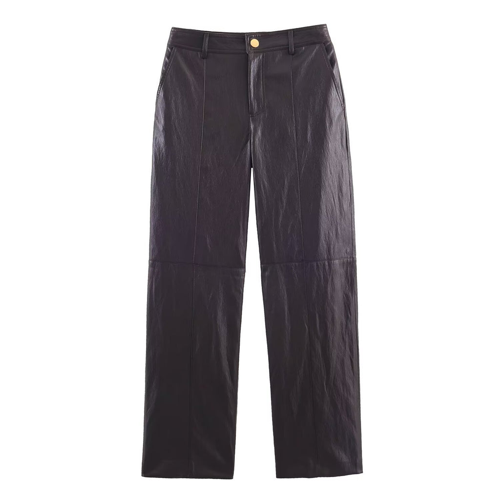 Imitation leather straight leg pants