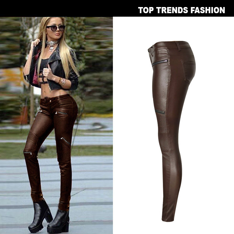 Brown Faux Leather Denim Pencil Pants Stitching Multi-Zip Motorcycle Models Have Large Sizes