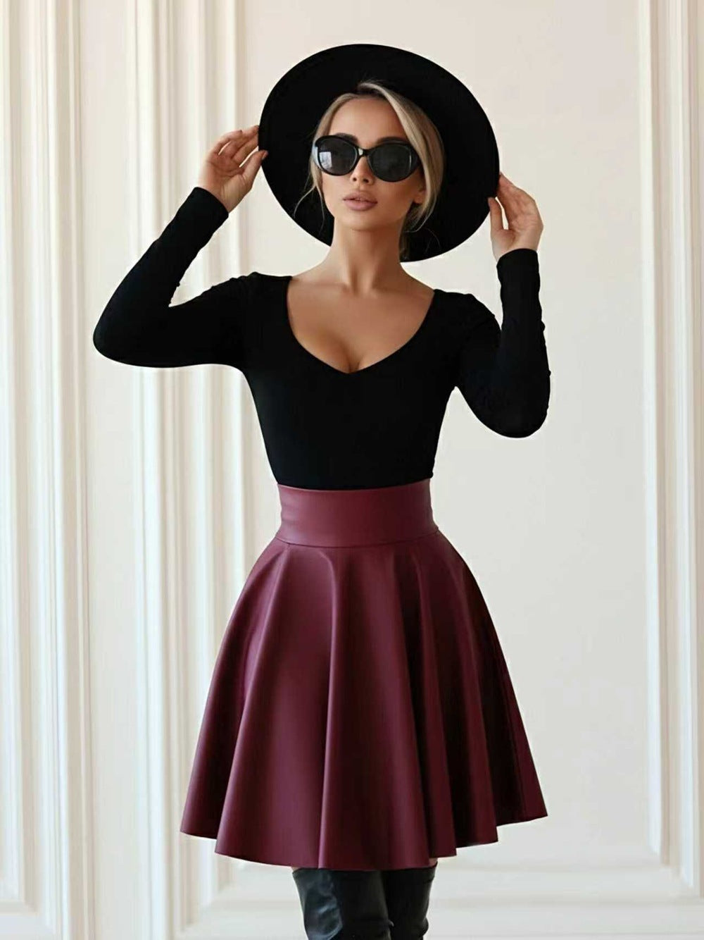 High waist and large swing PU leather skirt umbrella skirt
