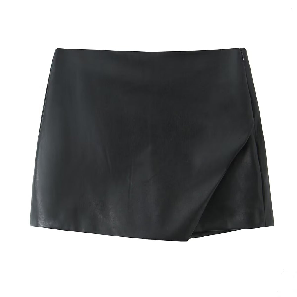 Simple and versatile solid color faux leather high waisted skirt pants
