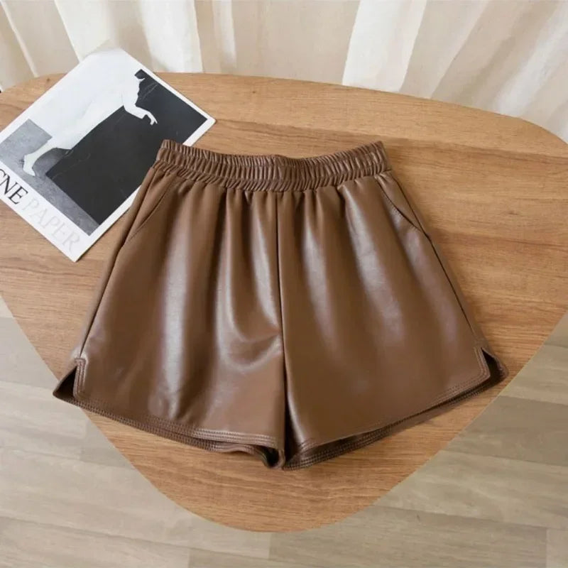 Women Elastic High Waist Wide Leg Shorts 2023 Black Faux Leather Biker Shorts Fashion Casual Ladies Sexy Bottoms Female Summer