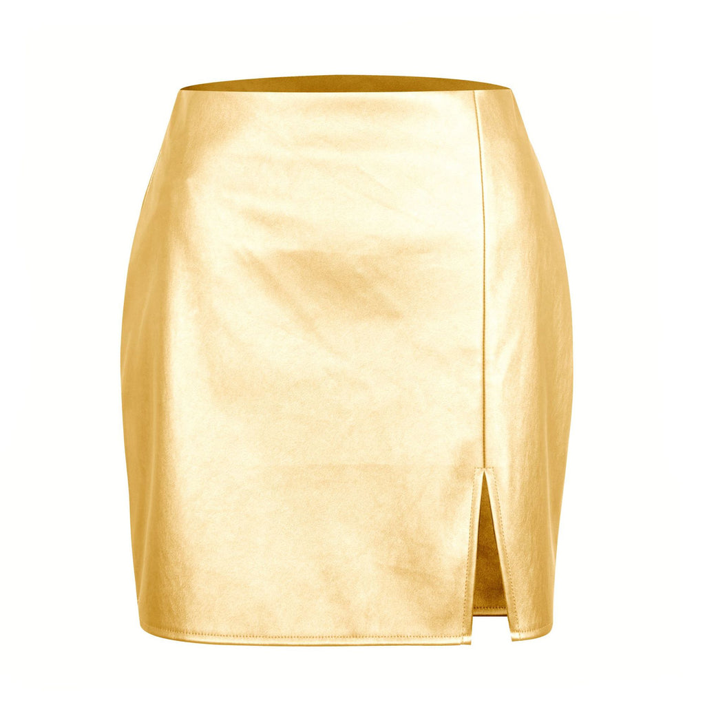 Split leather skirt with high waist and zipper skirt