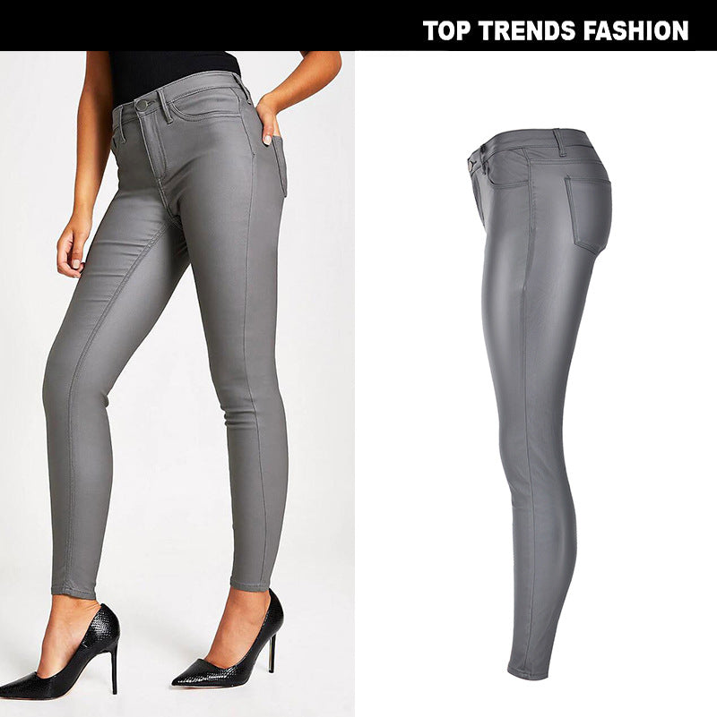 Women's High Waist Slim Fit Stretch Coated Noble Grey Faux Leather Pants Denim Skinny Pants PU Pocket Motorcycle Model