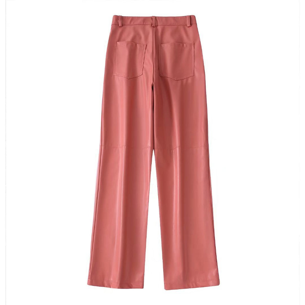 Spring/Summer New Women's Solid Color Faux Leather Double Breasted Blazer + High Waist Leather Pants
