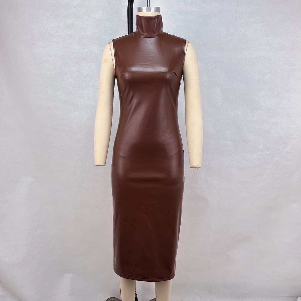 High neck sleeveless waist cinched PU leather skirt