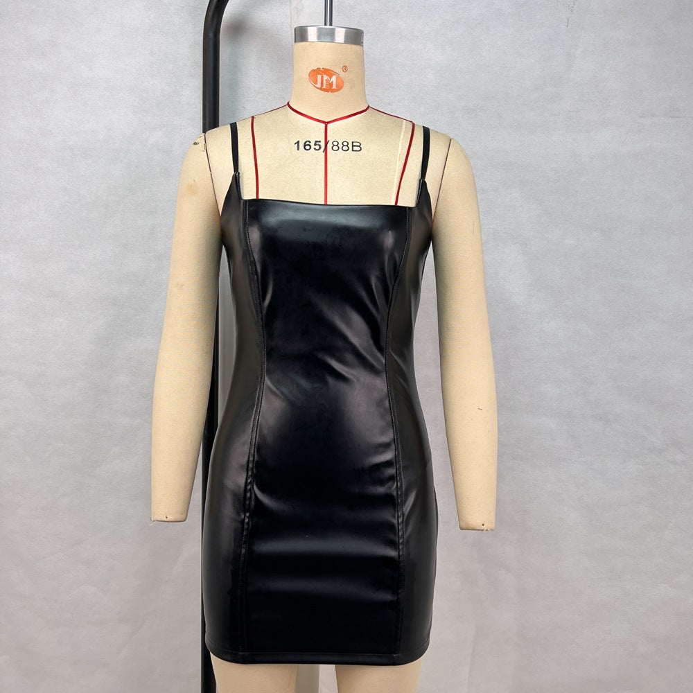 Off shoulder slim fit hip hugging skirt PU leather skirt