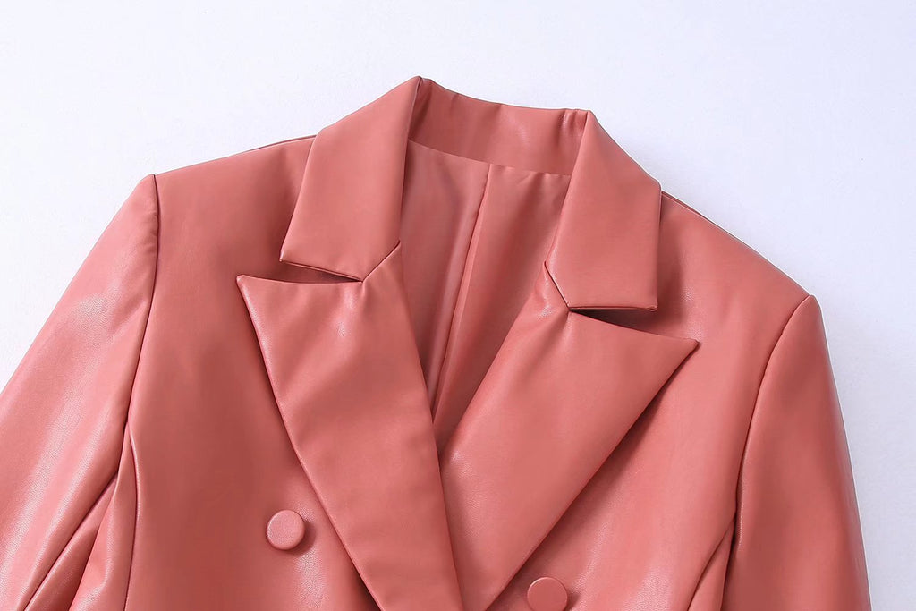 Spring/Summer New Women's Solid Color Faux Leather Double Breasted Blazer + High Waist Leather Pants