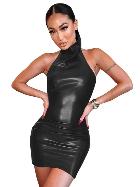 PU leather backless neck hanging dress for children